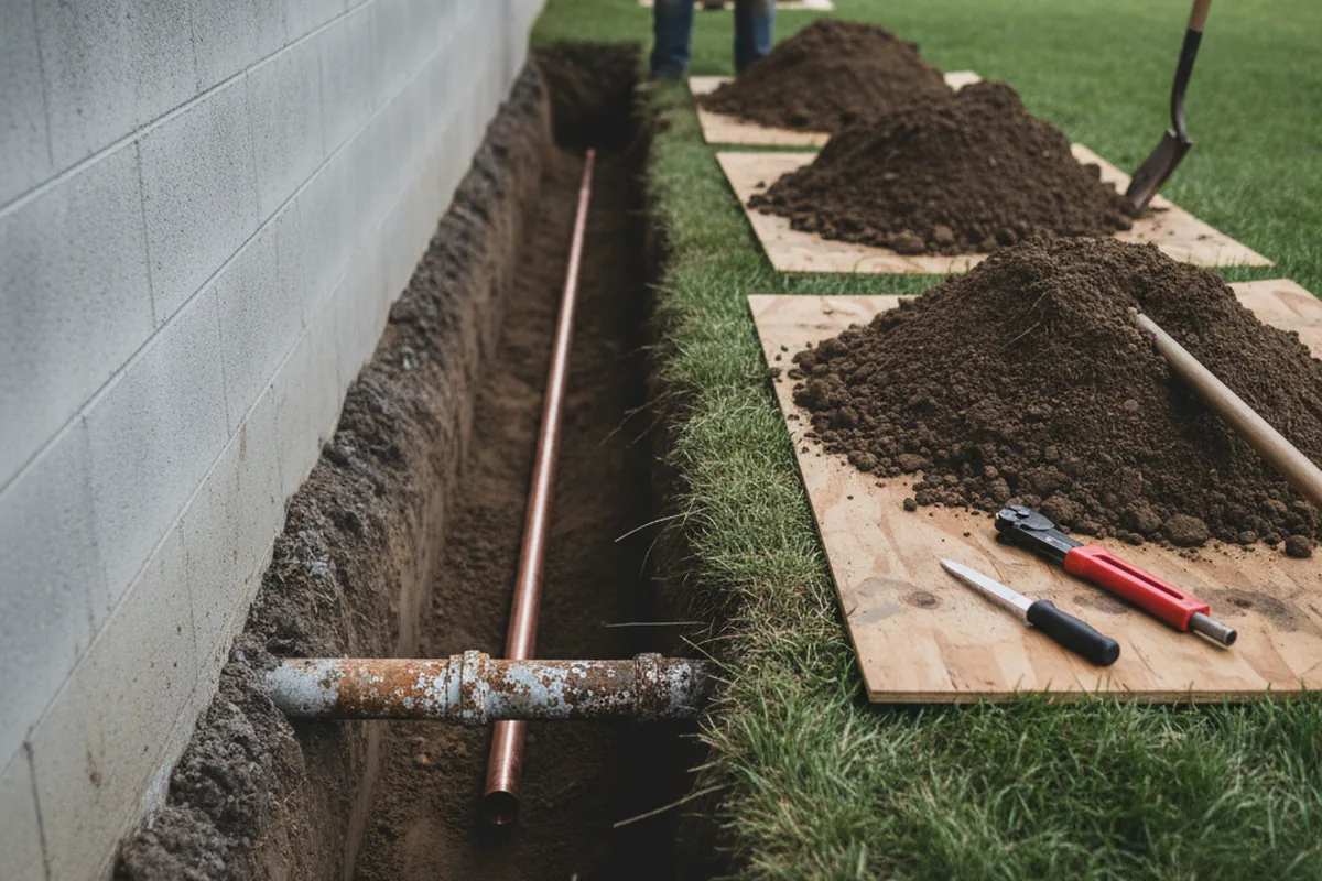 Excavated water line trench during Water Heater Repair in Crab Orchard